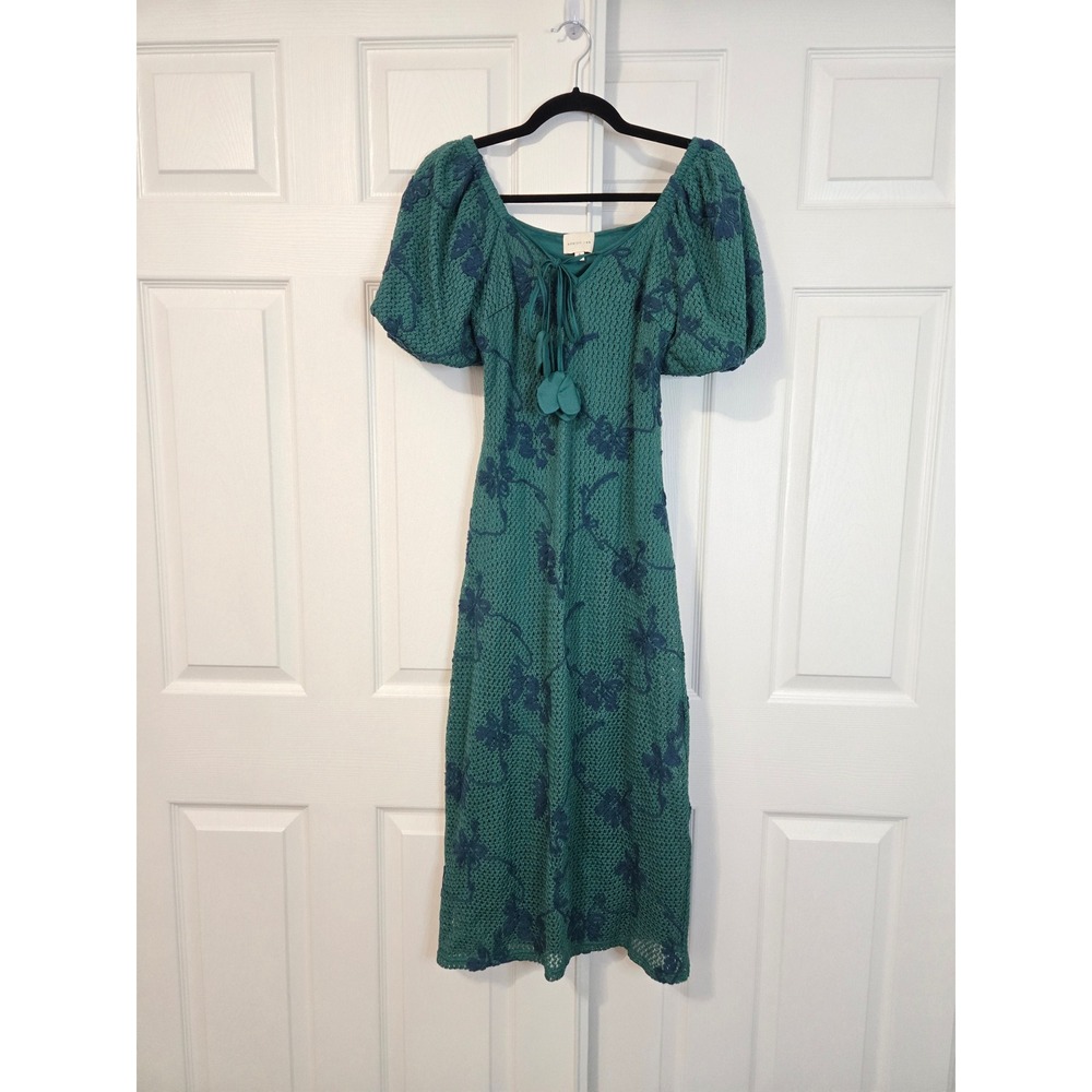 Adelyn Rae Teal Green Crochet Floral Embroidered Puff Sleeve Midi Dress S